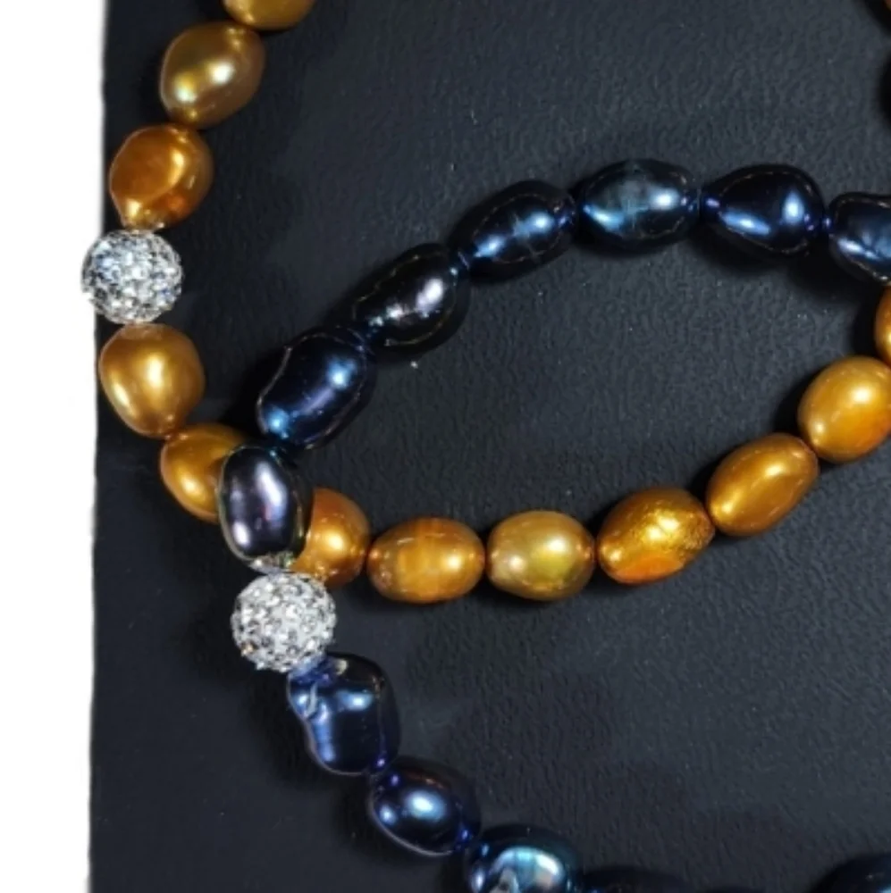 Bracelet Cultured Pearl Blue and Gold with Rhinestones Set